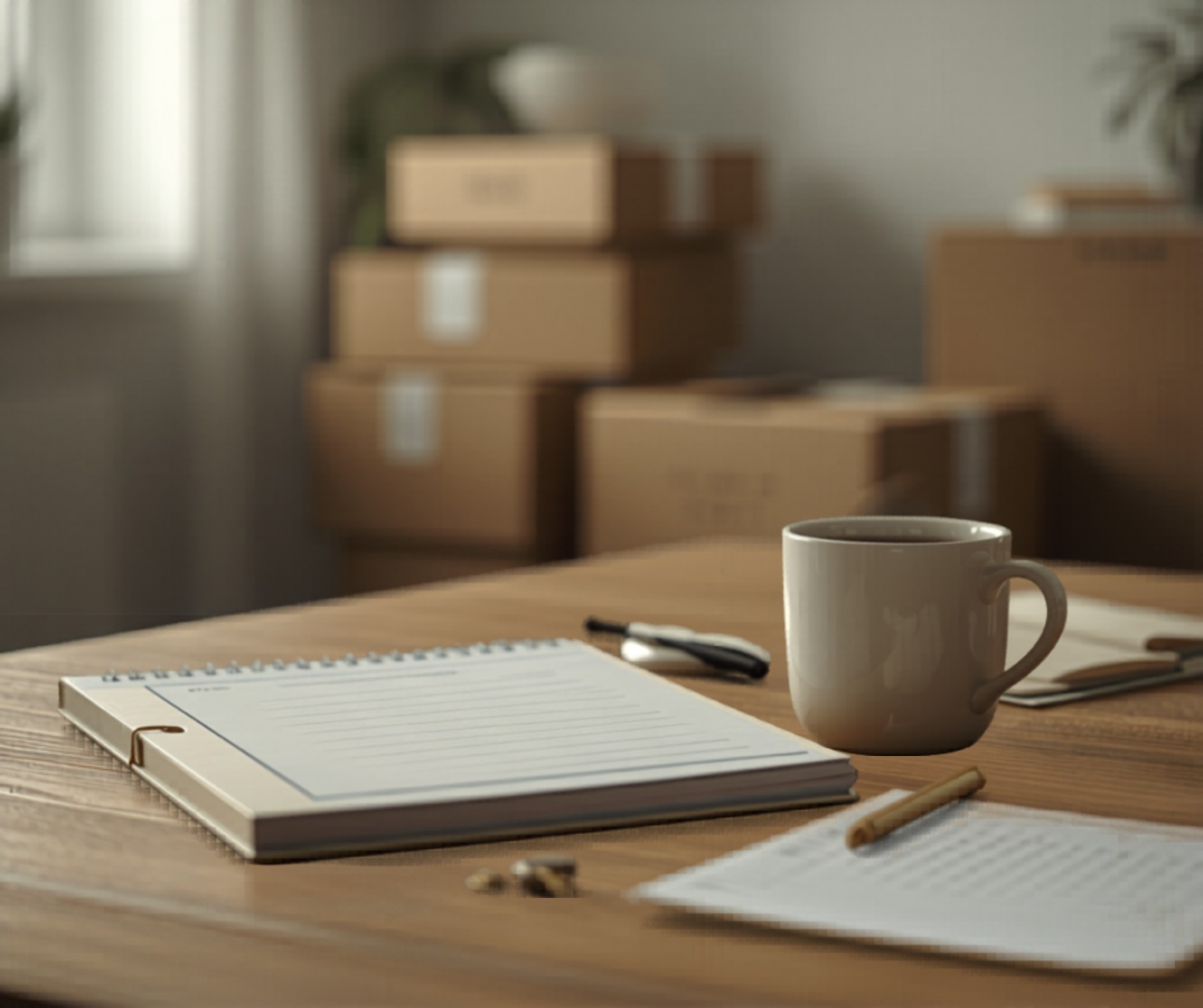 A moving checklist, notepad, and coffee on a kitchen table with packed moving boxes in the background